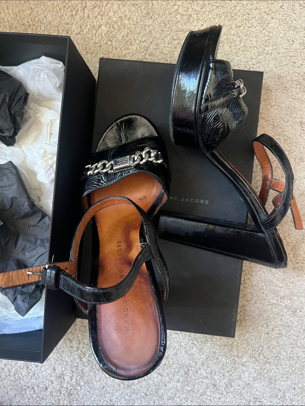 Marc Jacobs Black Patent Platform Sandals with Silver Chain
